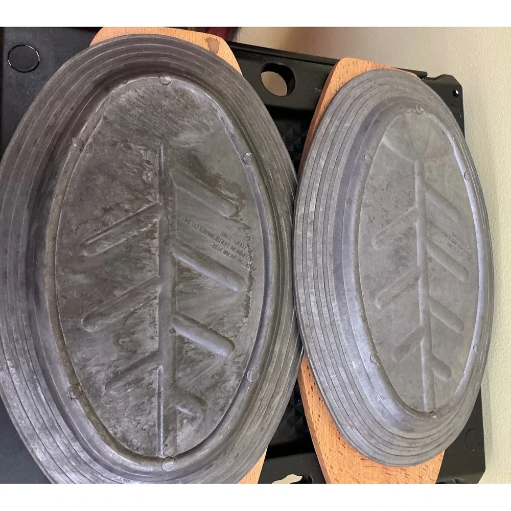 Aluminum Housewares Co Vintage Steak Sizzler Platters Set of 2 Japan Wood Bases